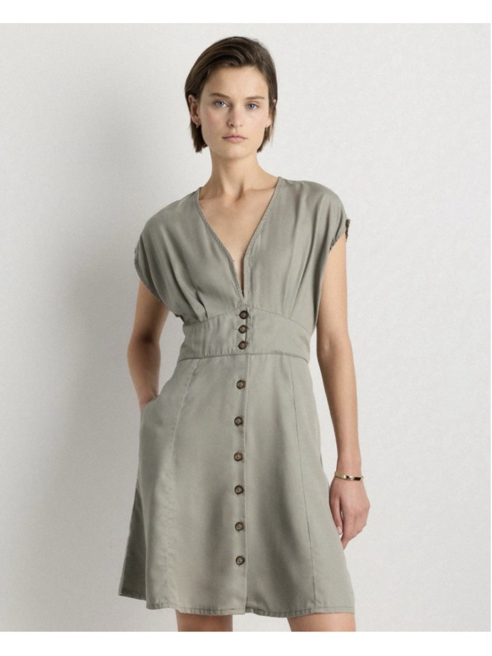 Quince Vintage Wash Button Down Mini Dress M Tencel Olive Green Nature Utility